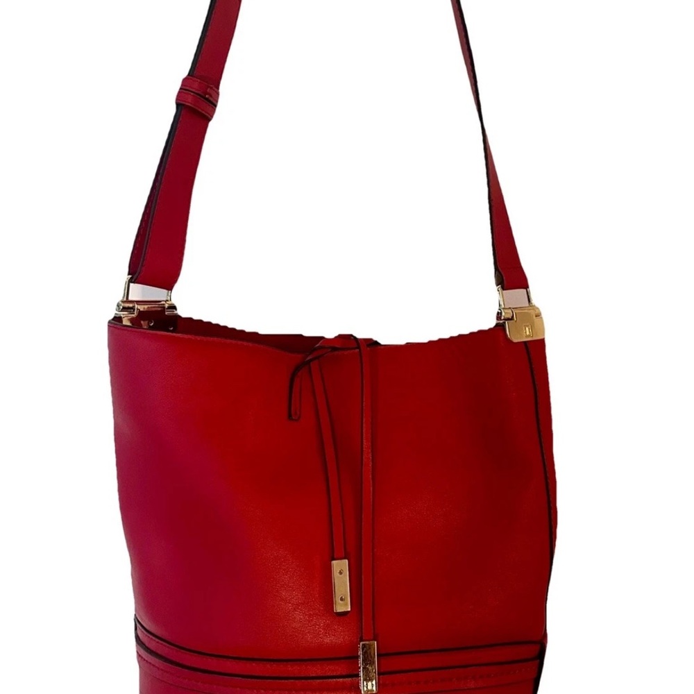 Ivanka Trump Red Leather Drawstring  Bucket Shoulder Bag Gold Hardware